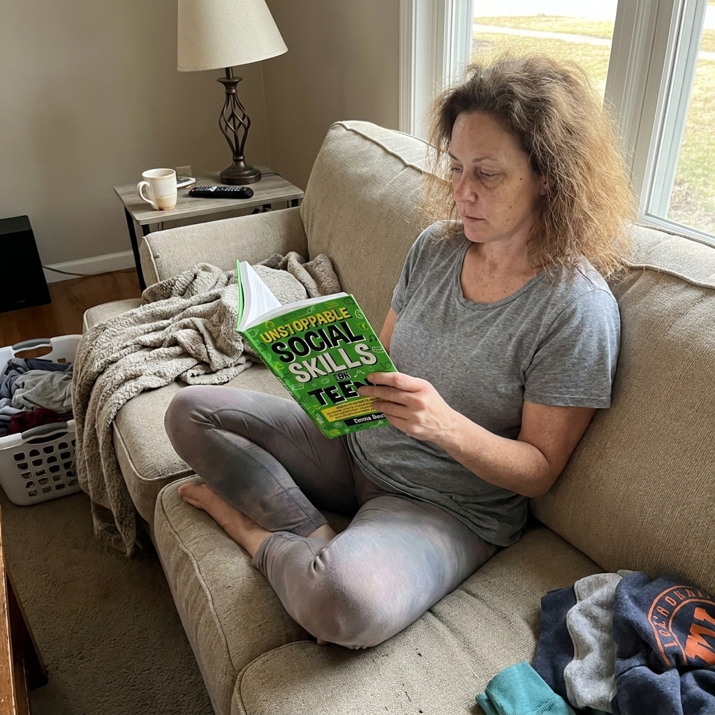 Mom reading Social Skills book at kitchen table