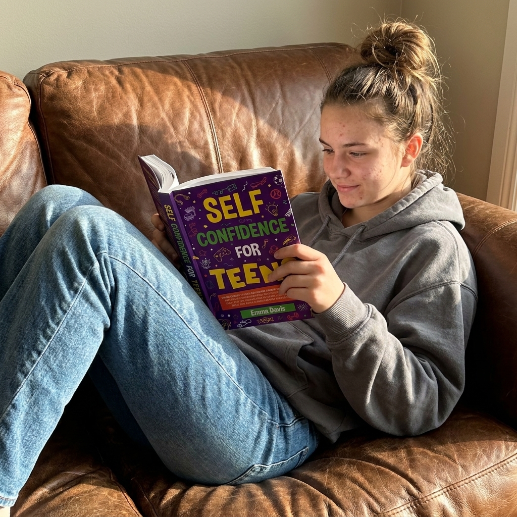 Teen daughter on couch reading Self Confidence book