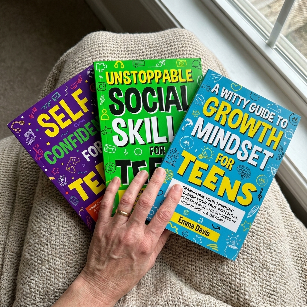 Mom hands holding all three books on knit blanket