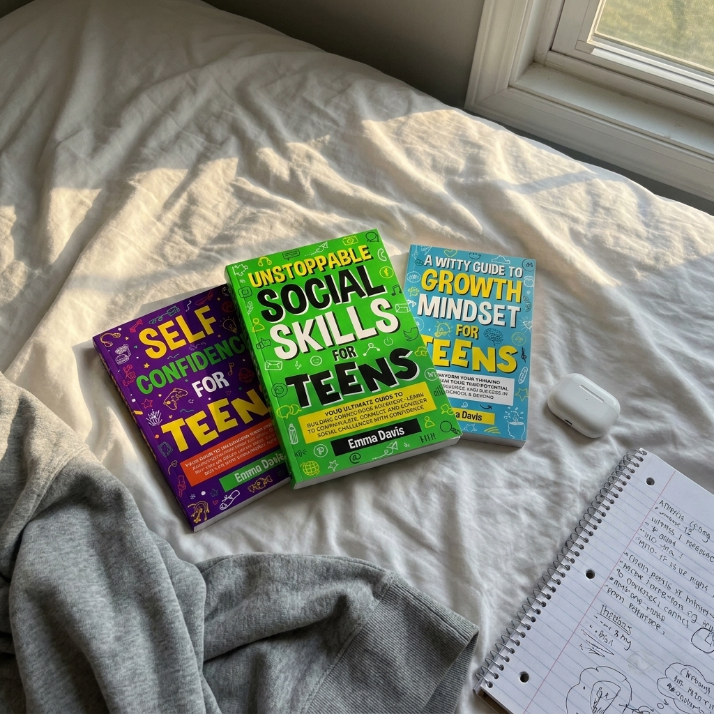 Three books open on teen's unmade bed with notebook